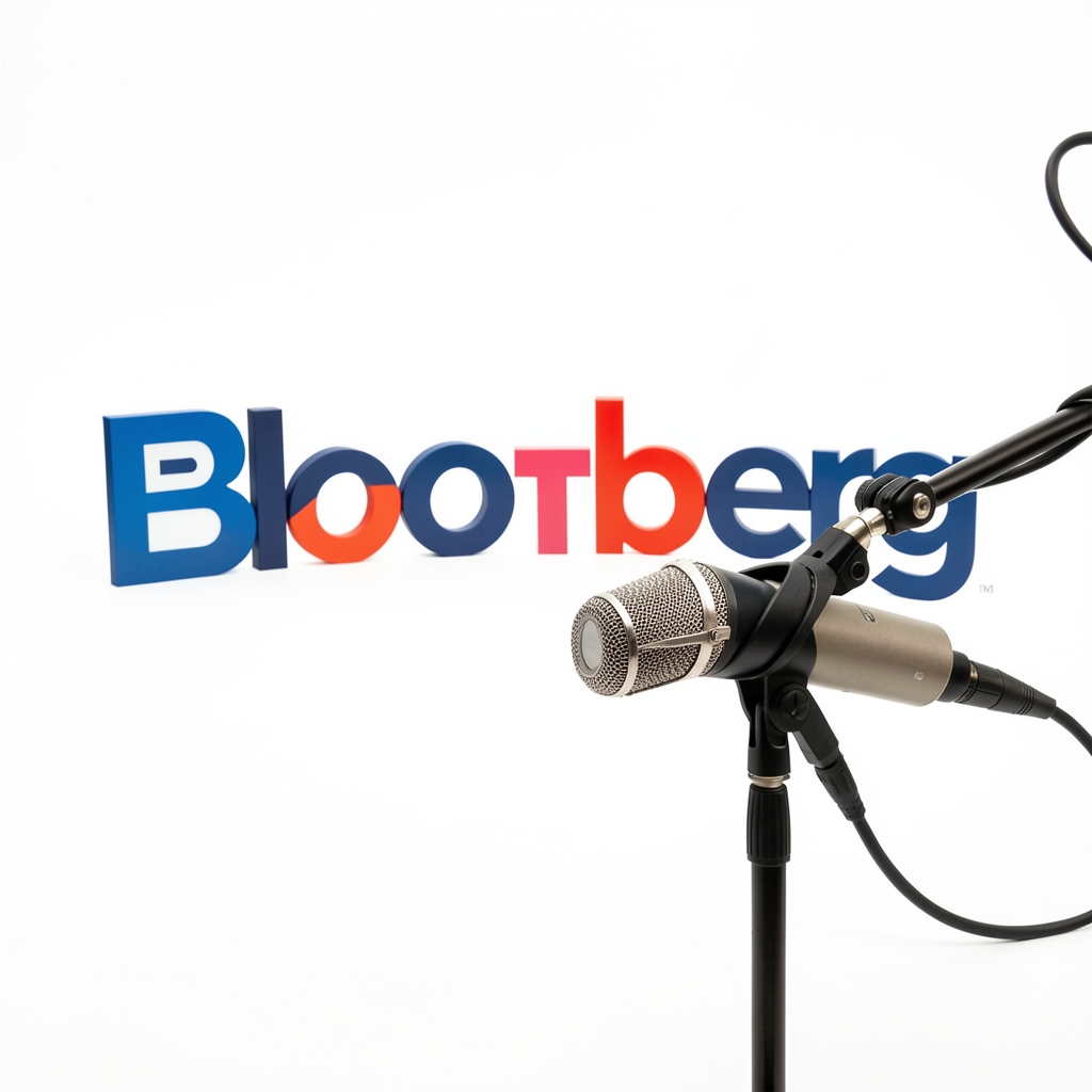 Обложка Masters in Business Bloomberg Podcast с биржевыми символами и логотипом Bloomberg на белом фоне
